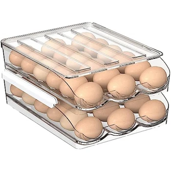 2-слойный držač za jaja za hladnjak, Automatski Mjenjač za skladištenje jaja, Transparentni plastični kontejner za jaja, organizator sa poklopcem