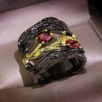 2019 Prsten s prirodnim flore i crveno kristalno, custom, prsten od crnog zlata, vjenčanje college, nakit za putovanja, poklon za žene