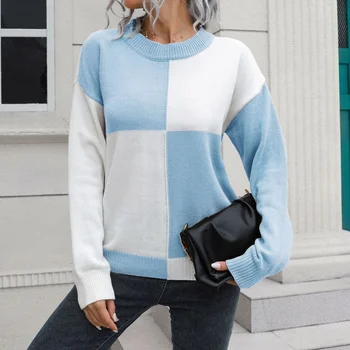 2023 Jesen pletene ženski pulover okruglog izreza i dugih rukava, zimske veste u patchwork stilu, ženske trendy i casual slobodan top za biljni i dama