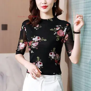 2023 kineski vintage etnička košulja hanfu, elegantne ženske mrežaste majice s cvjetnim ispis, istočni kostim u stilu tan, ženska osnovna košulja u retro stilu