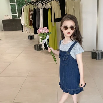 2023 Ljetnim baby face u korejskom stilu, Suknja, majica, siva jednostavna хлопковая funky casual odjeću kratkih rukava za zabave, za djevojčice