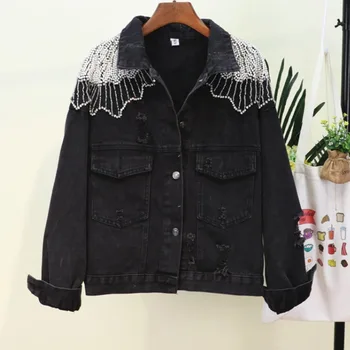 2023 Nova korejska crni traper jakna, jesenski individualnost, luksuzno donje kaput, расшитое perle, slobodna ulica kratke traper jakna