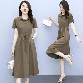 2023 Nova pamučna haljina-košulja čipka-up Proljeće-ljeto odjeća ženska korejski modni Šik duge haljine za žene Robe Femme Q247