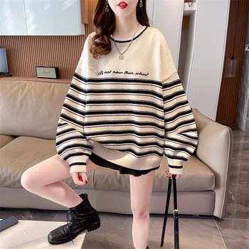 2023 Novi dolazak, jesen ženski pulover slobodnog rezanja s okruglog izreza i dugim rukavima u korejskom stilu, pletene džemper u traku s po cijeloj površini V365