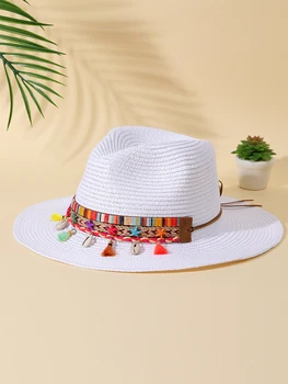 2023 Sjajna plaža šešir s кисточками za žene, kaubojske šešire Bohe od Sunca, Ljetna slamnati šešir sa zaštitom od uv zračenja, šešir za boravak na otvorenom u rasutom stanju