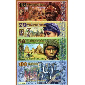 Afrička unija zemalja Afrike južno od Sahare, 4 komada novčanica, 10-100 šilinga, 2019, Фантазийные Polimer novčanice za prikupljanje, Angola, Gvineja, Mali, Kongo