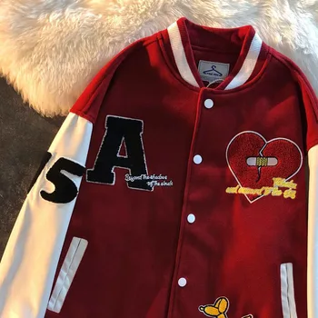 American vintage jakna, red bejzbol obrazac za muškarce i žene u stilu hip-hop, slobodna linija, kvalitetan kaput-бомберы za par