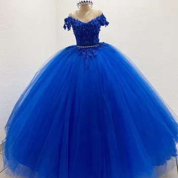 ANGELSBRIDEP Pjenušava Kraljevski Bujne Plave Haljine sa Dekoracijom u obliku Kristala, 3D Čipke, Haljine Princeze Pepeljuge S Cvjetnim Uzorkom, Vestidos De 15 Anos