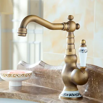 Antički Латунная keramičke cvjetni osnova s jednom ručkom za kupaonicu, miješalica za sudoper, okretni sisak, postavljen je na бортике mnf511