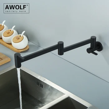 Awolf Produljuje zidnu radna ploča, punilo za lonce, čvrste prikladniji mesinga crna kuhinja slavina, sklapanje slavina s rotacijom 360 stupnjeva FW009
