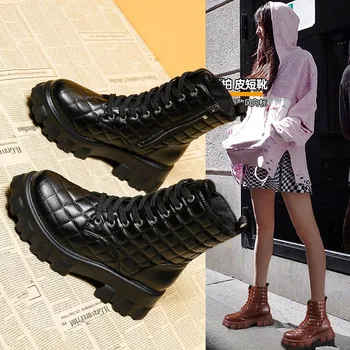 Bijele, crne čizme od umjetne kože, ženska jesensko-zimska obuća čipka-up s okruglim vrhom, ženske trendy cipele na moto platformi