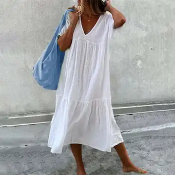 Bijelo donje duga haljina, ljetno пляжное monotone veo, Ljeto 2023, Ljeti svakodnevno osnovni duga haljina kratkih rukava i V-izrez