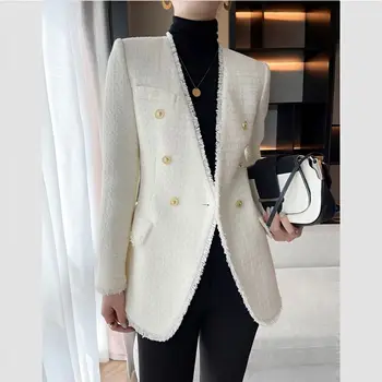 Bijelo malo mirisno kaput-cardigan, moderni retro-francuski kraljevski tvida odijelo bez ovratnika, ženski proljeće-jesen jakna, ženski