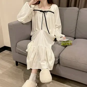 Bijelo noći haljina za žene, пижама sa volanima u korejskom stilu, пижама dugi rukav, monotono noćni odjeća s lukom, slatka noćna košulja za spavanje za dame
