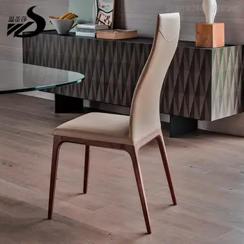 Blagovaona stolice od skandinavske talijanske kože, Jednostavan luksuzni minimalistički stolica, Moderan, jednostavan Stolica za blagovanje u hotelu, stolice od punog drveta