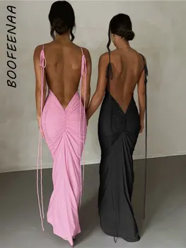 BOOFEENAA duga maxi-haljinu s рюшами i otvorenim leđima, roza, crna, Elegantna, seksi ljetno haljina za zabave, donje vjenčanicu za goste C83-CB32