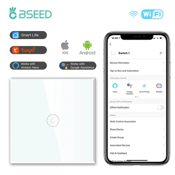 BSEED Alexa Smart Switch 1/2/3Gang 1/2/3/4 Položajne Touch Prekidači za Svjetlo Tuya Google Smart Life Control App Kristalna Staklena Ploča