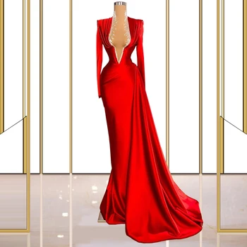 Crvene Ženske Večernje Haljine s Dugim rukavima, Elegantan Svečana Odjeća, spavaćice za Posebne Prigode, Maskenbal, Prom CXF98