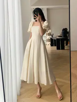 Donje haljina midi marelica boje kratkih rukava, ljetno slatka je seksi haljina sa visokim strukom u francuskom stilu, slatka je elegantan haljinu s trga cutaway, donje haljina