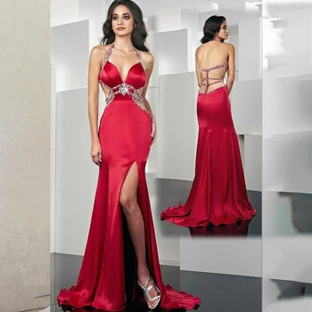 Duge crvene večernje haljine Sirena s V-izrez, izvezena perle, s vlakom s prorezom straga, seksi satin službena stranka za žene, veličine po mjeri