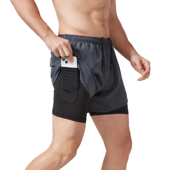 Dvoslojni muške Kratke hlače za sportove na otvorenom s džep za mobitel, Быстросохнущие kratke hlače za fitness, prozračna trening teniski hlače