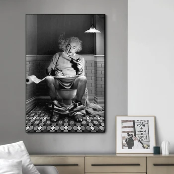 Einstein, Sjedi Na Wc, Čita Novinski Plakat, Crno-Bijela Fotografija, Slika Na Platnu, Zidni Umjetničke Slike Za Dnevni Boravak