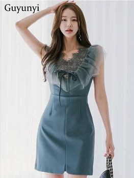 Elegantna večernja haljina, ljetna koreanska verzija, monotono seksi cvjetne čipke mreže bez rukava sa V-izrez, visoki struk, темпераментные mini-ženske haljine
