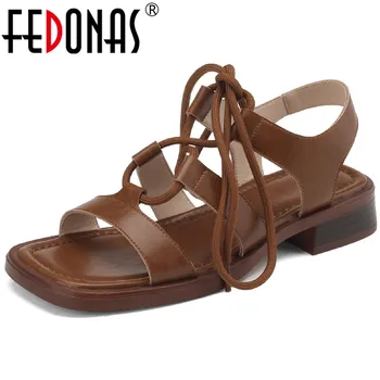 FEDONAS/ novi dolazak, ženske sandale-gladijatori u retro stilu, ženske cipele na nisku petu cipele od prave kože s cross uvezivanje, ljetna casual moda 2023 godine