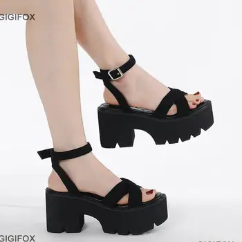 GIGIFOX/ ženske sandale na platformu u gotičkom stilu, ljetne sandale na debelom petu cipele s remenčićima na щиколотках, s otvorenim vrhom, crnci trendy ženske cipele na visoku petu