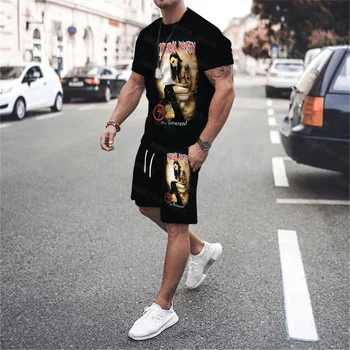 Individualnost, Funky Muška Ljetna Nova Majica sa 3D Ispis, Svakodnevni Ulični Sportska Majica u stilu Hip-Hop, Crno Odijelo, Top Veličine Plus + Kratke hlače