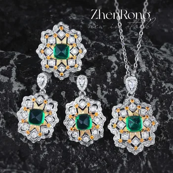 Jedinstveni izvorni silver starinski emerald privjesak S925, prsten na vrat, naušnice, blještavo cirkon, Ženska je prekrasna nakit