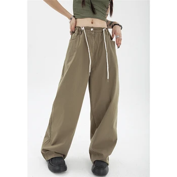 Jesenje ženske hlače Zeleni Kombinezon s fleksibilnim gumicu oko struka i visoka struka, ravne široke hlače u stilu hip-hop s džepovima, berba široke hlače za odmor