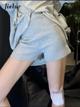Jielur, ljetni modni svakodnevne ženske gaćice Slim Fit, tanke ravne ravnici kratke hlače, ženske korejski šik osnovne sivo-crne kratke hlače