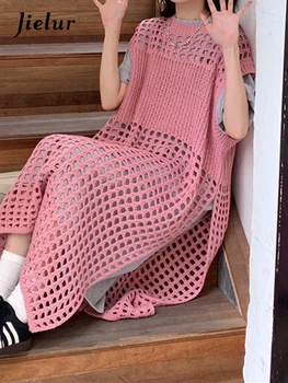 Jielur Ljetno novo donje haljina Y2K s urezima, elegantan monotone slatka je seksi haljina, ženski roza korejski besplatni modni haljina, ženski