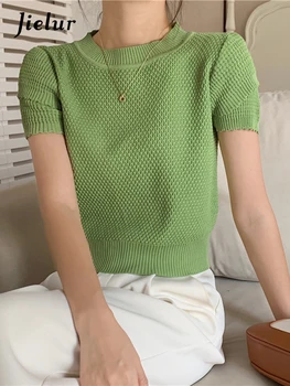 Jielur, zelena slatka ženska bluza s okruglog izreza, ljetna novost, tanke pletene rukava princeza, trendy ženske bluze, monotono jednostavna bluza
