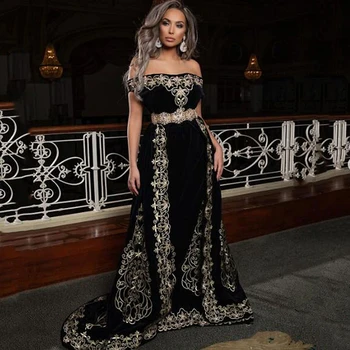 Kaftan od каракуля, vezene zlatom večernje haljine s odvojivim vlak s otvorenim ramenima, crne duge ženske haljine za maturalnu večer