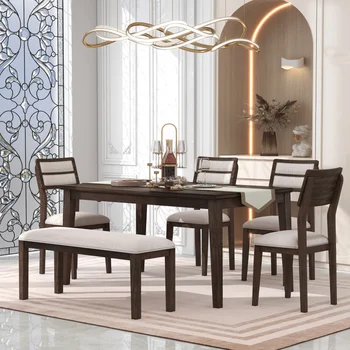 Klasičan trpezarijski set u tradicionalnom stilu od 6 predmeta, uključuje stol, 4 meke stolice i klupe, za unutarnje restoranom namještaja