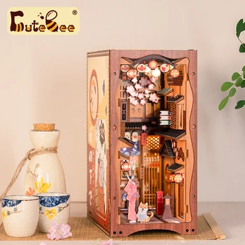 Knjiga kutak CUTEBEE DIY Drveni umeci za bookshelf Minijaturna kuća Knjiški kutak Sakura Modeliranje setovi Naplativa igračka za poklon za rođendan