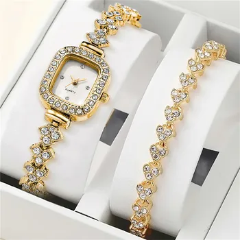 komplet od 2 predmeta, luksuzni ženski komplet s dijamantima, kvarcni sat s trga lice, moderan narukvica od nehrđajućeg čelika, satovi