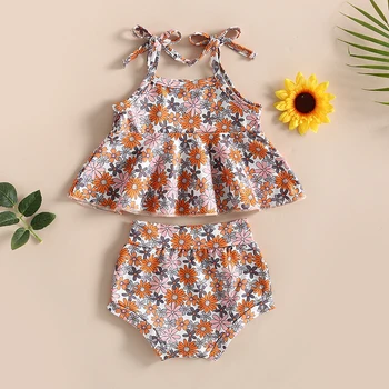 Kompleti odjeće za novorođenče djevojčice 0-24 m, ljetne majice s cvjetnim ispis i nabora, kratke hlače, haljine D06