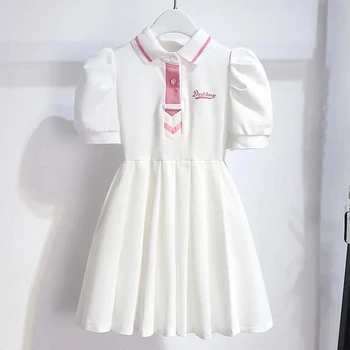 Korejski haljina za djevojčice, ljetna haljina-polo s bujnim rukava i ovratnika-трапецией, svakodnevni uredan odjeća za djecu faksu, korejski uniformu haljine