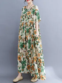 Korejski moda kratkih rukava, prevelike pamučne vintage haljine s cvjetnim uzorkom za žene, svakodnevno slobodno donje ljetna haljina Maxi-dužine 2023