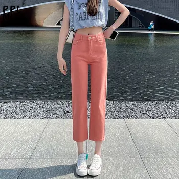 Korejski modni ravne traperice na prosječnu strukom ženske svakodnevne vaquero dužine do ankles, Veličina 34, Ljetni capri, običan oblikovana traper hlače