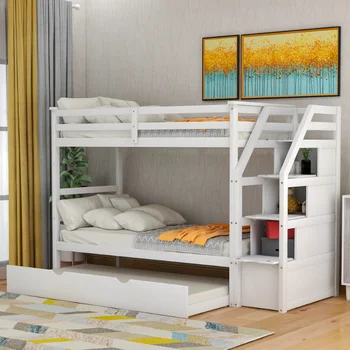 Krevet na kat Twin-Over-Twin s dvosjed koferom i 3 stepenice za pohranu stvari \ Bijela (STARI broj artikla: LP000064AAK) Bijela masivna drva
