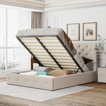 Krevet-platforma sa mekom presvlake u punoj veličini / Queen size kreveta s hidrauličkim sustavom za pohranu - bež/ siva