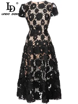 LD LINDA DELLA Moderan dizajn ljetna Haljina Donje Kratkih rukava Čipkan haljinu s cvjetnim ispis, vintage crna večernja haljina Midi
