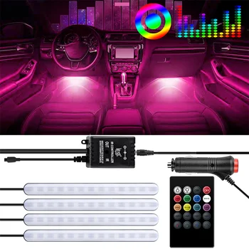 Led RGB pozadinsko osvjetljenje unutrašnjosti vozila, 4 trake 48 led, šareni glazba ispod upravljačke ploče, osvjetljenje vozila sa auto punjač, auto oprema