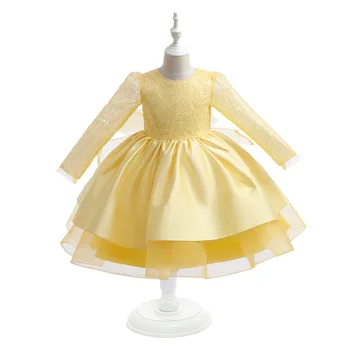 Lijepo žutu loptu haljina sa šljokicama, haljine s cvjetnim uzorkom za djevojčice, satin kratke haljine za malu djecu, vjenčanica za 2-13 godina