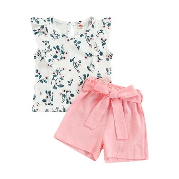 Ljetna odjeća za djevojčice iz 2 predmeta, funky t-shirt s cvjetnim nabora i dugim rukavima i običan kratke hlače s pojasom