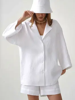 Ljetne Bijele pamučne lanene hlače, Odijela za žene 2023, casual košulja, dugi rukav, Top, Široke kratke hlače, Pribor za odjeću od 2 predmeta